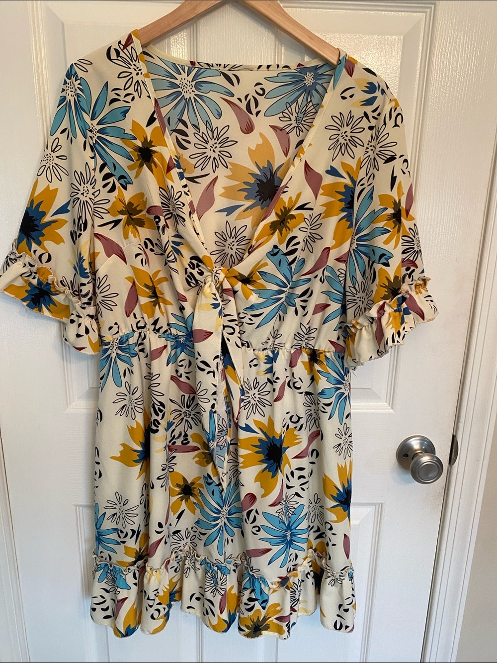 SHEIN Cream Mini Dress with Blue & Mustard Floral Print
